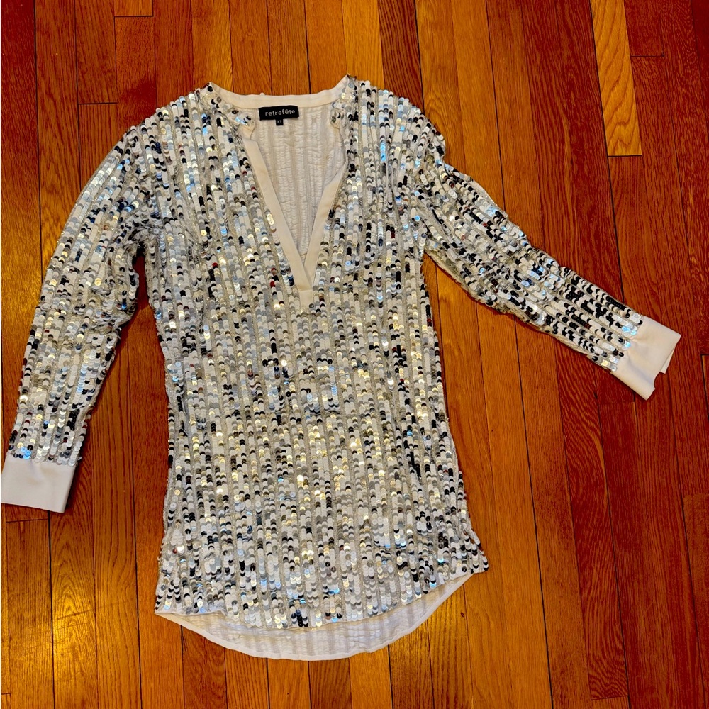 Retrofete sequin silver and white dress